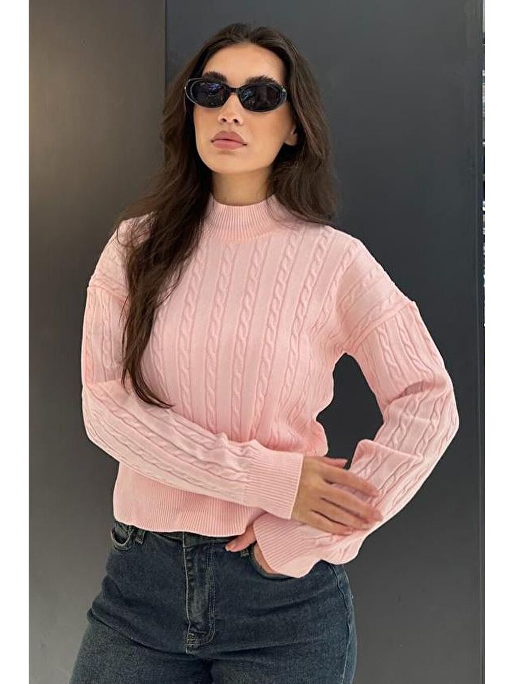 Pembe Yarım Balıkçı Yaka Örgülü Triko Kadın Kazak Mg2257-4