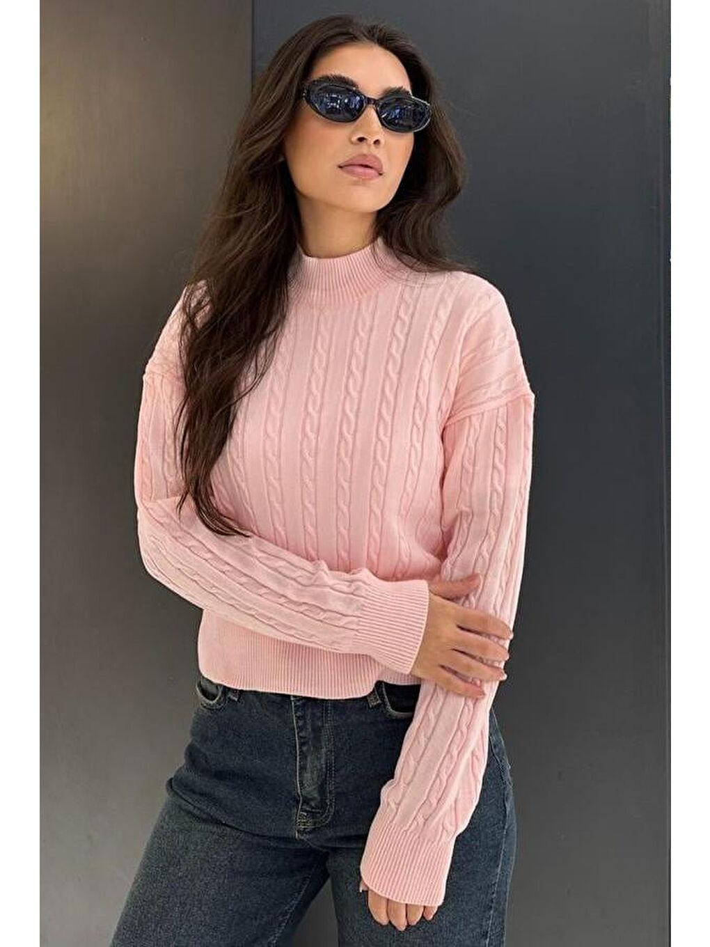 Pembe Yarım Balıkçı Yaka Örgülü Triko Kadın Kazak Mg2257-5