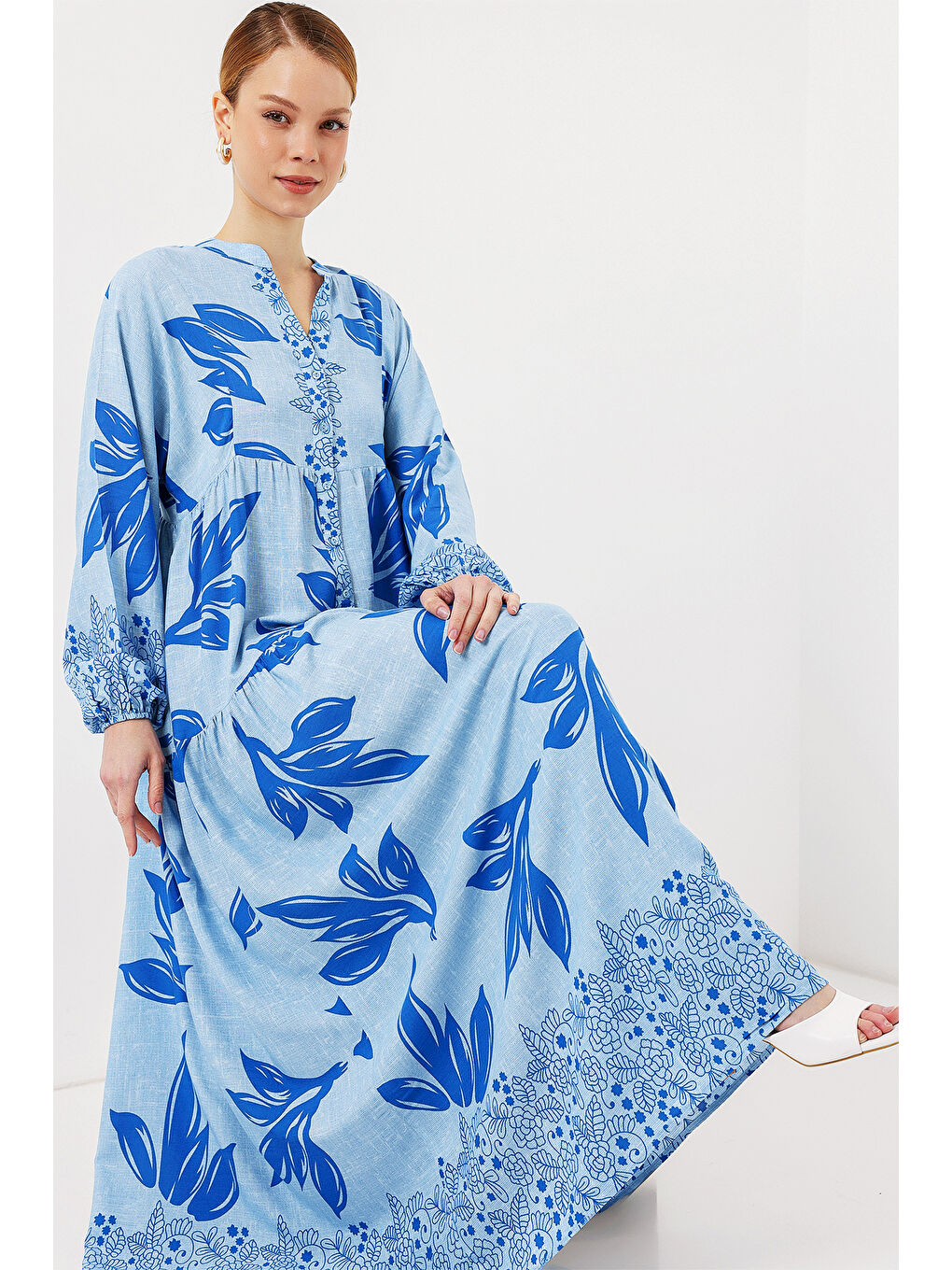 2423 Otantik Desenli Tesettür Elbise - Mavi 9-1