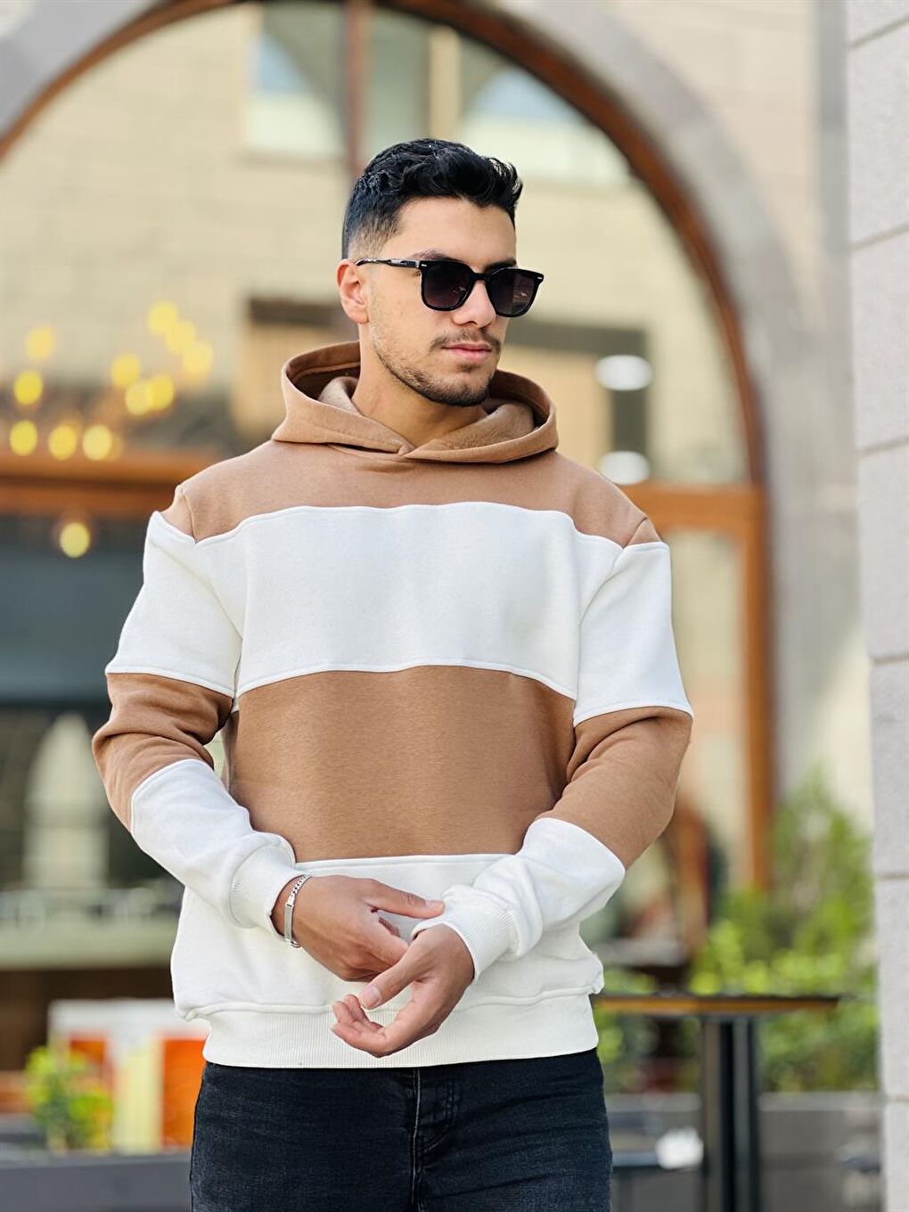 Miron Ekru Kamel Beyaz Blok Parçalı Overisize Kapşonlu Üç İplik Sweatshirt - 3