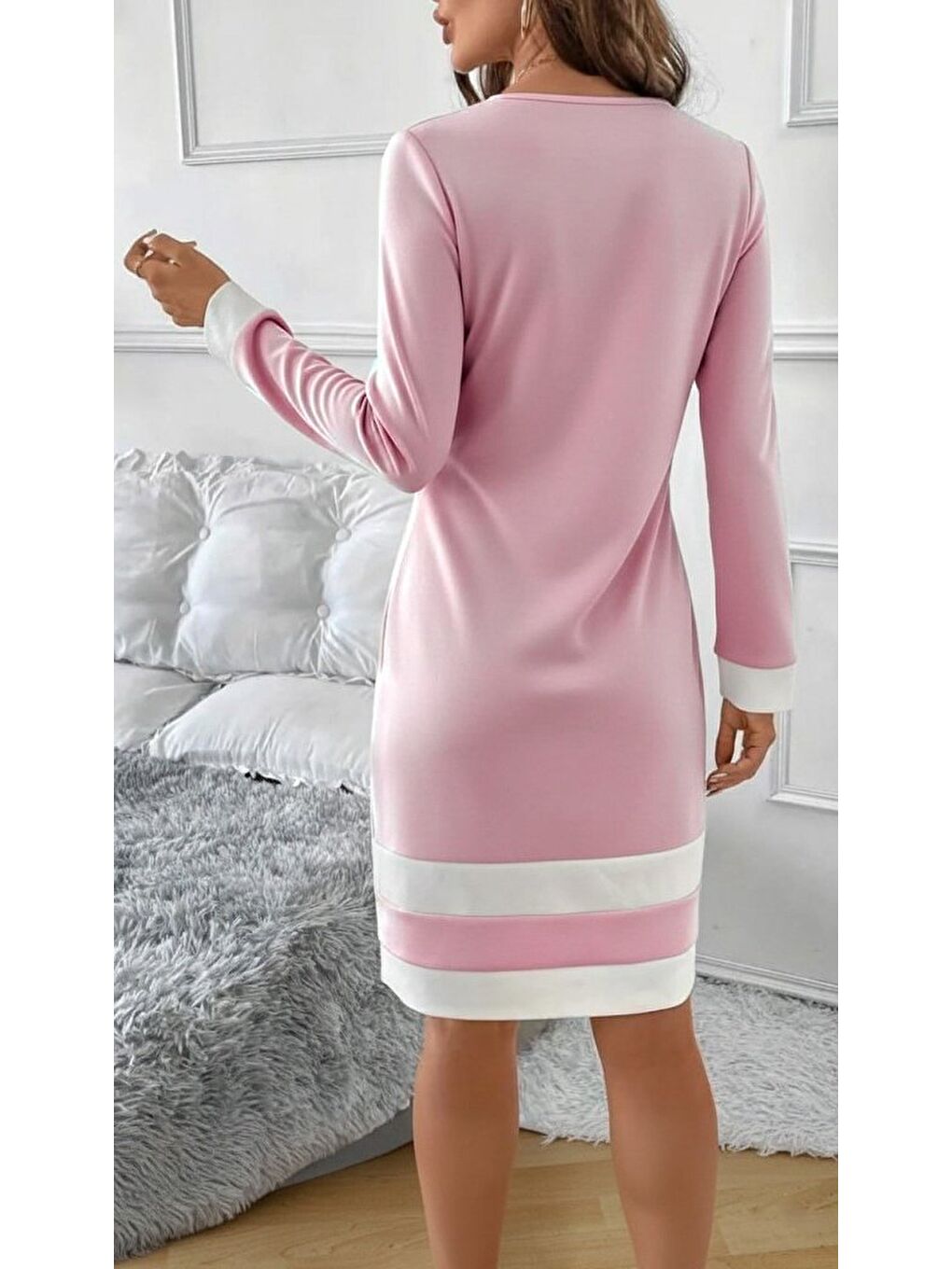 Pembe Kadın Uzun Kollu Yuvarlak Yaka Etek Ucu şerit Detaylı Mini Dalgıç Elbise-2