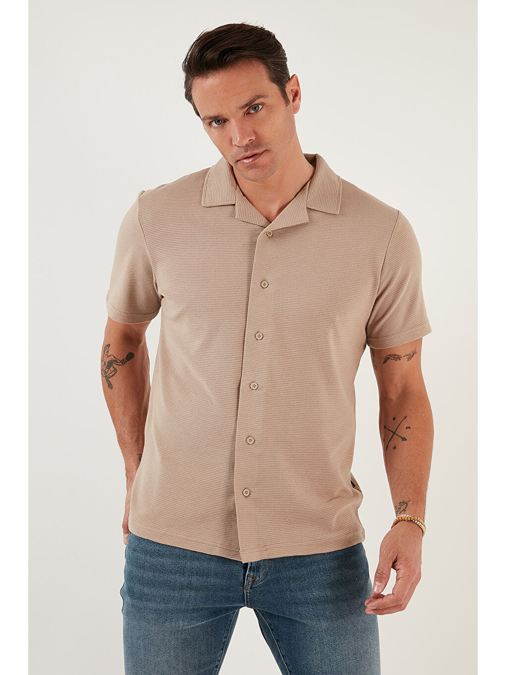 Bej Pamuklu Regular Fit Kısa Kollu 2'li Paket Gömlek 5902640S2-1