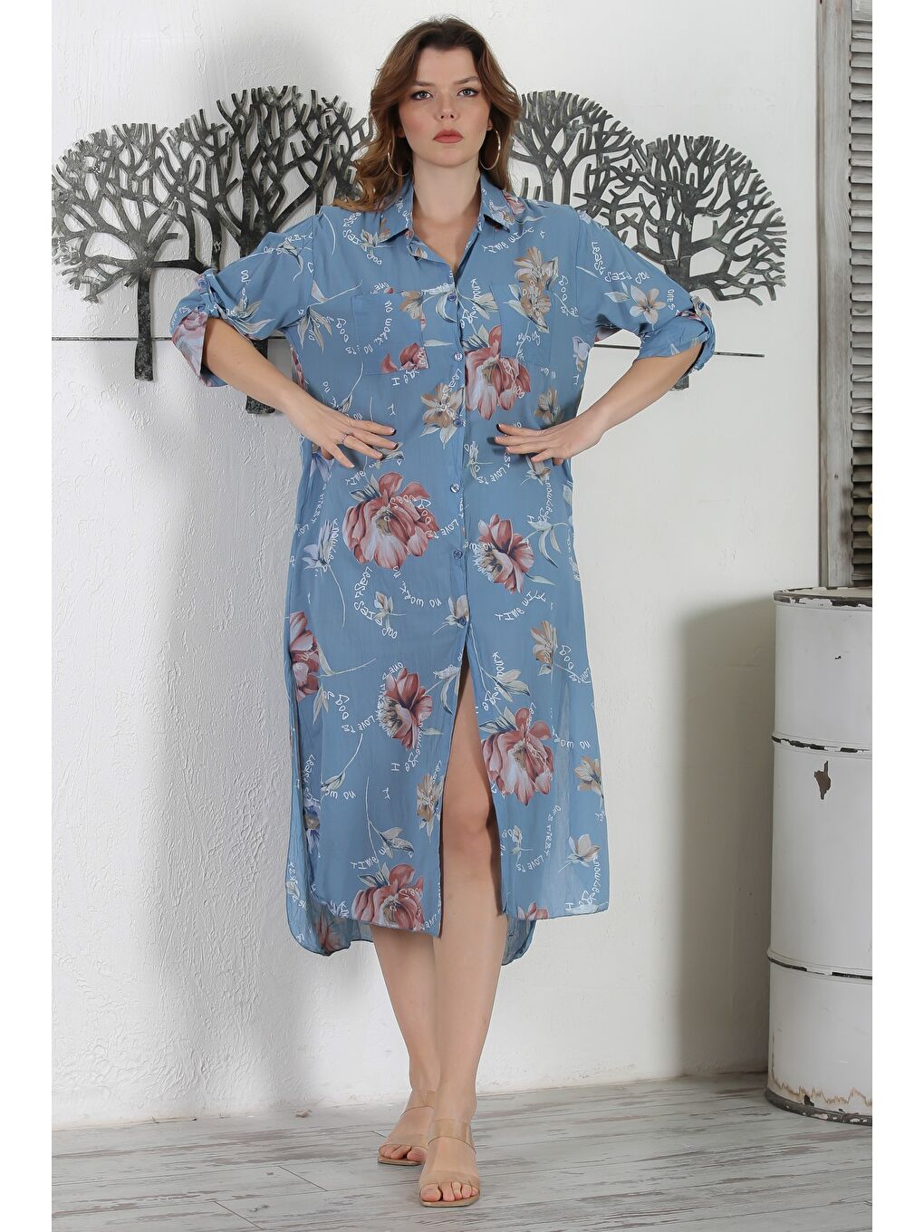 Mavi İtalyan Gömlek Yaka Düğmeli Uzun Kollu Çift Cepli Allover Baskılı Dokuma Elbise 130 65