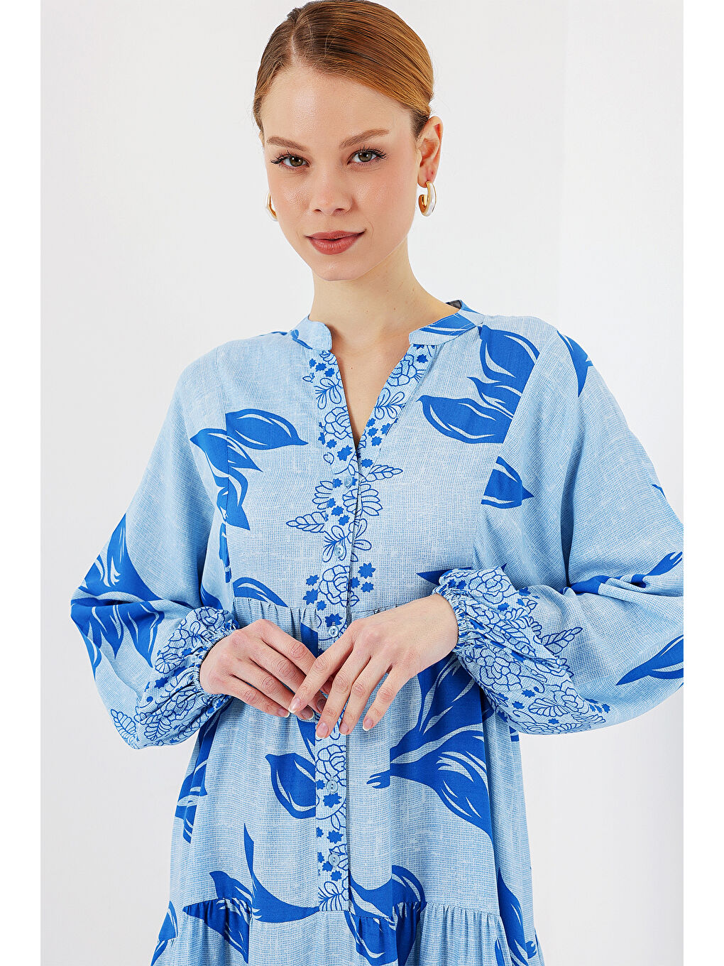 2423 Otantik Desenli Tesettür Elbise - Mavi 9-2