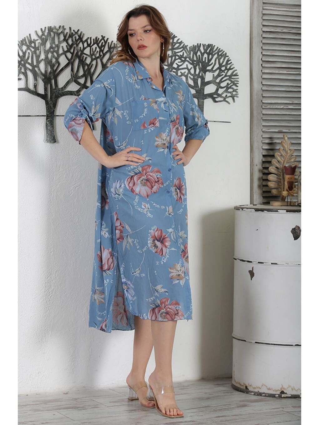 Mavi İtalyan Gömlek Yaka Düğmeli Uzun Kollu Çift Cepli Allover Baskılı Dokuma Elbise 130 65-1