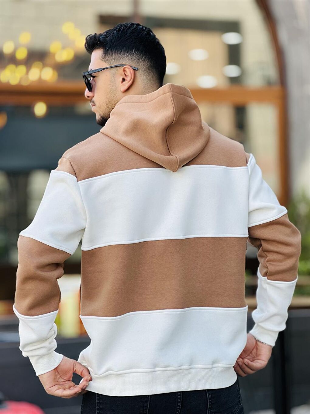 Miron Ekru Kamel Beyaz Blok Parçalı Overisize Kapşonlu Üç İplik Sweatshirt - 4