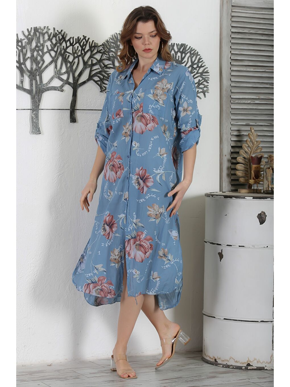 Mavi İtalyan Gömlek Yaka Düğmeli Uzun Kollu Çift Cepli Allover Baskılı Dokuma Elbise 130 65-2