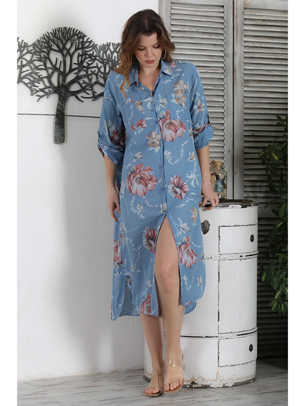 Mavi İtalyan Gömlek Yaka Düğmeli Uzun Kollu Çift Cepli Allover Baskılı Dokuma Elbise 130 65-3