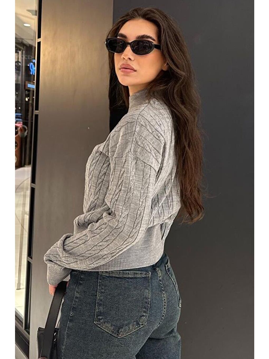 Gri Yarım Balıkçı Yaka Örgülü Triko Kadın Kazak Mg2257-3
