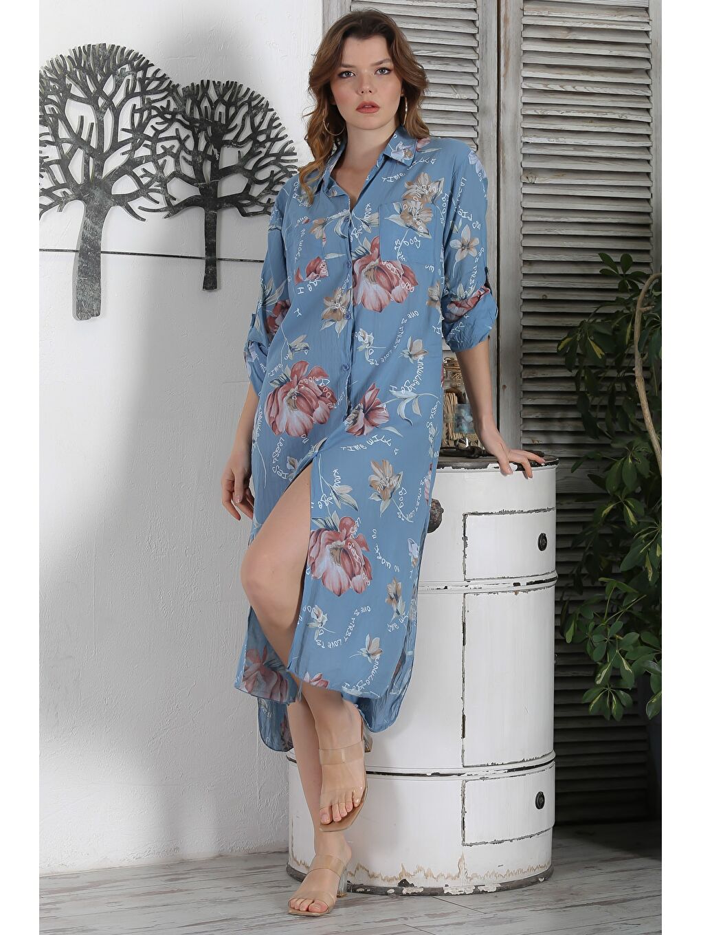 Mavi İtalyan Gömlek Yaka Düğmeli Uzun Kollu Çift Cepli Allover Baskılı Dokuma Elbise 130 65-4