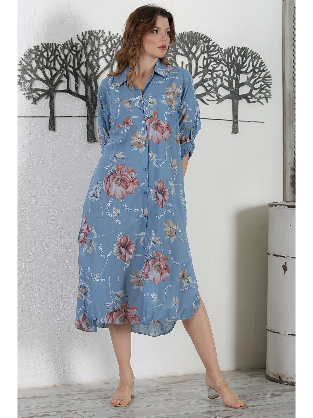 Mavi İtalyan Gömlek Yaka Düğmeli Uzun Kollu Çift Cepli Allover Baskılı Dokuma Elbise 130 65-5