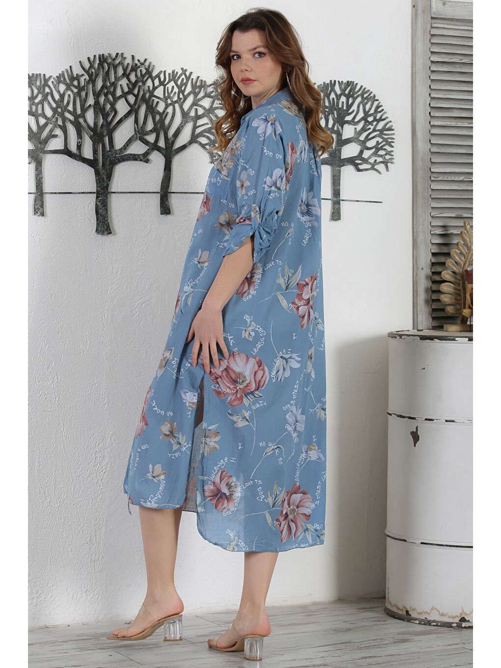 Mavi İtalyan Gömlek Yaka Düğmeli Uzun Kollu Çift Cepli Allover Baskılı Dokuma Elbise 130 65-6