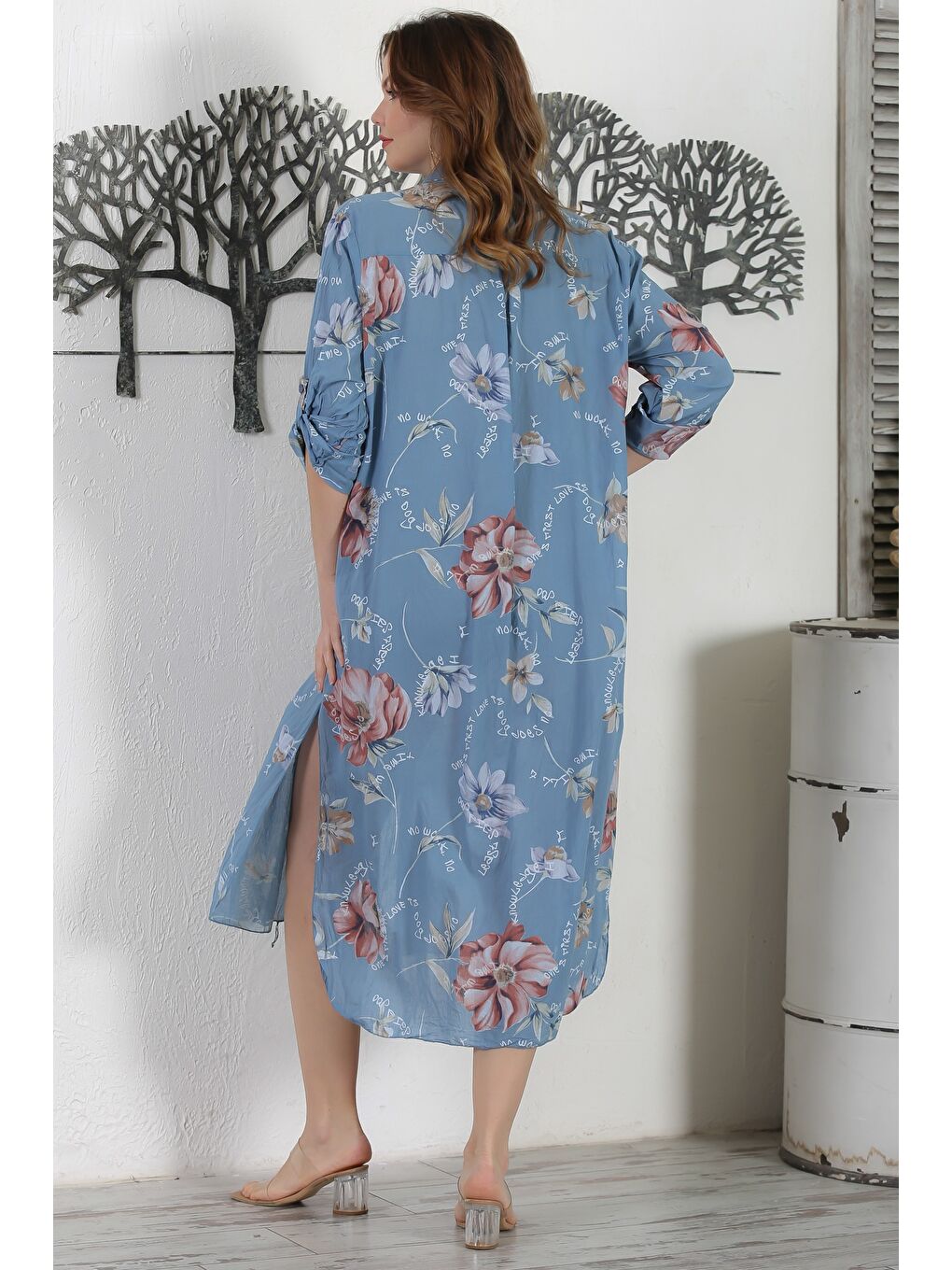 Mavi İtalyan Gömlek Yaka Düğmeli Uzun Kollu Çift Cepli Allover Baskılı Dokuma Elbise 130 65-7