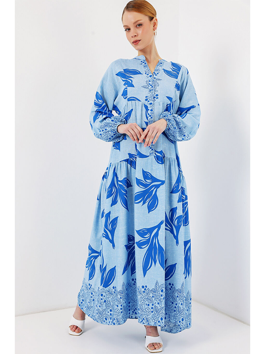 2423 Otantik Desenli Tesettür Elbise - Mavi 9-3