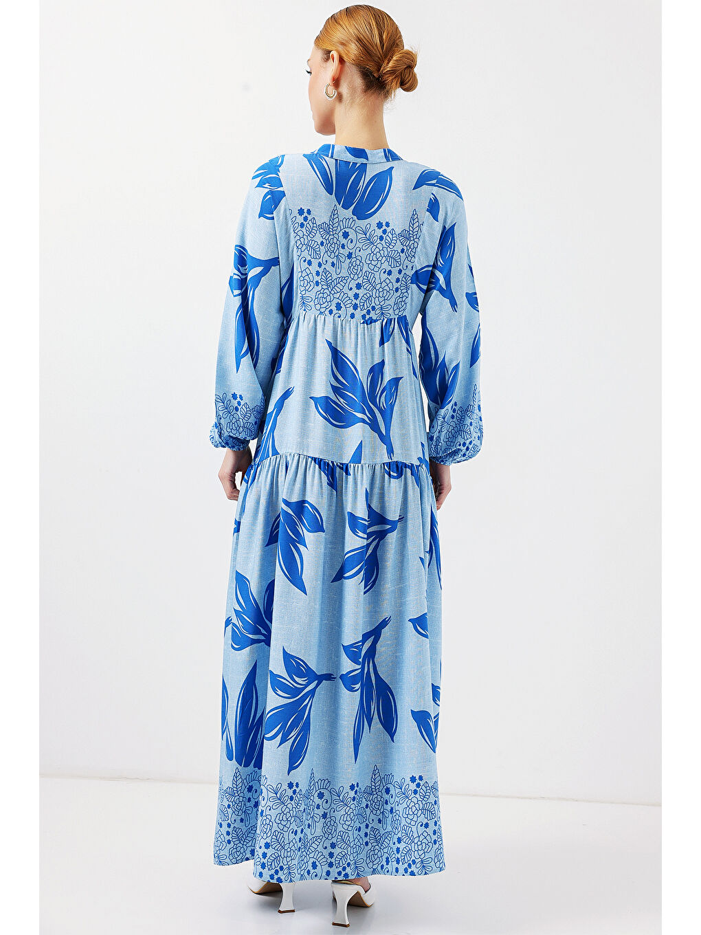 2423 Otantik Desenli Tesettür Elbise - Mavi 9-5