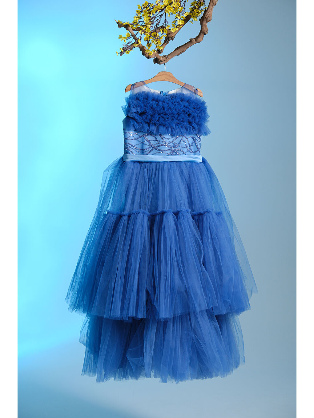 Turkuaz Beli Taş İşlemeli Göğsünde Tül Süslemeli Kız Çocuk Abiye ABY.2303-1