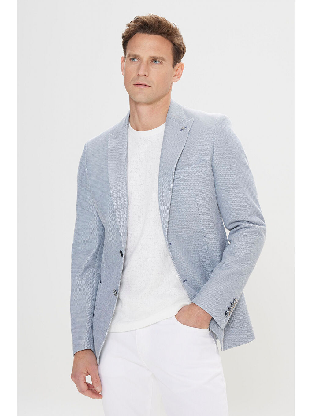 Erkek Mavi Pamuklu Slim Fit Dar Kesim Kırlangıç Yaka Torba Cepli Ceket