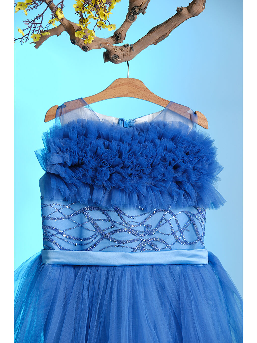 Turkuaz Beli Taş İşlemeli Göğsünde Tül Süslemeli Kız Çocuk Abiye ABY.2303-2