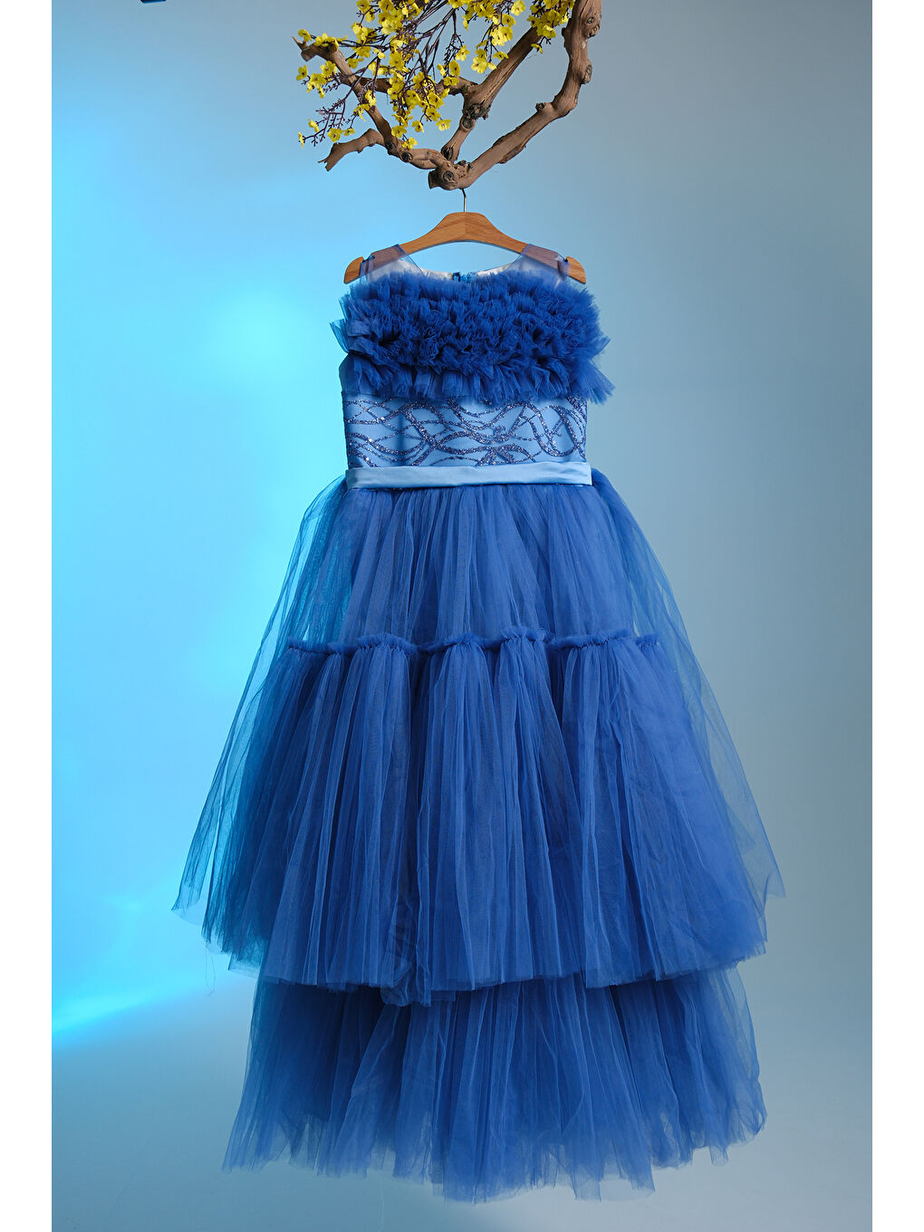 Turkuaz Beli Taş İşlemeli Göğsünde Tül Süslemeli Kız Çocuk Abiye ABY.2303-3