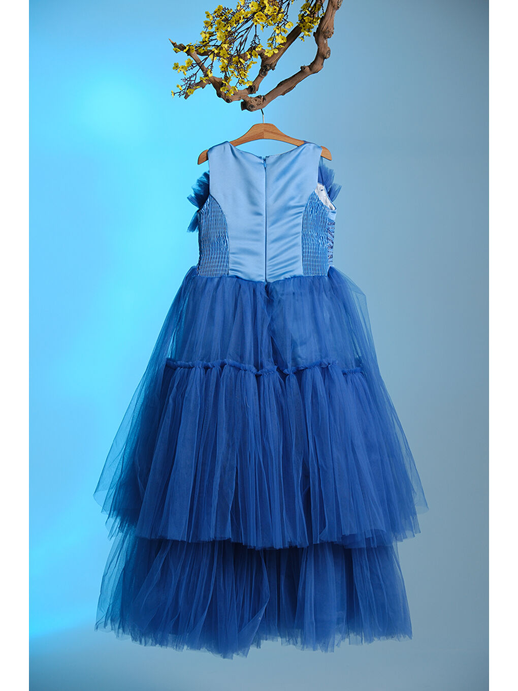 Turkuaz Beli Taş İşlemeli Göğsünde Tül Süslemeli Kız Çocuk Abiye ABY.2303-4