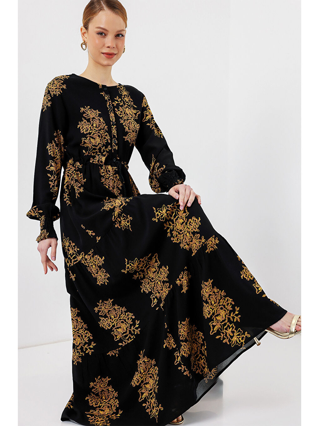 2145 Desenli Tesettür Elbise - C.Siyah