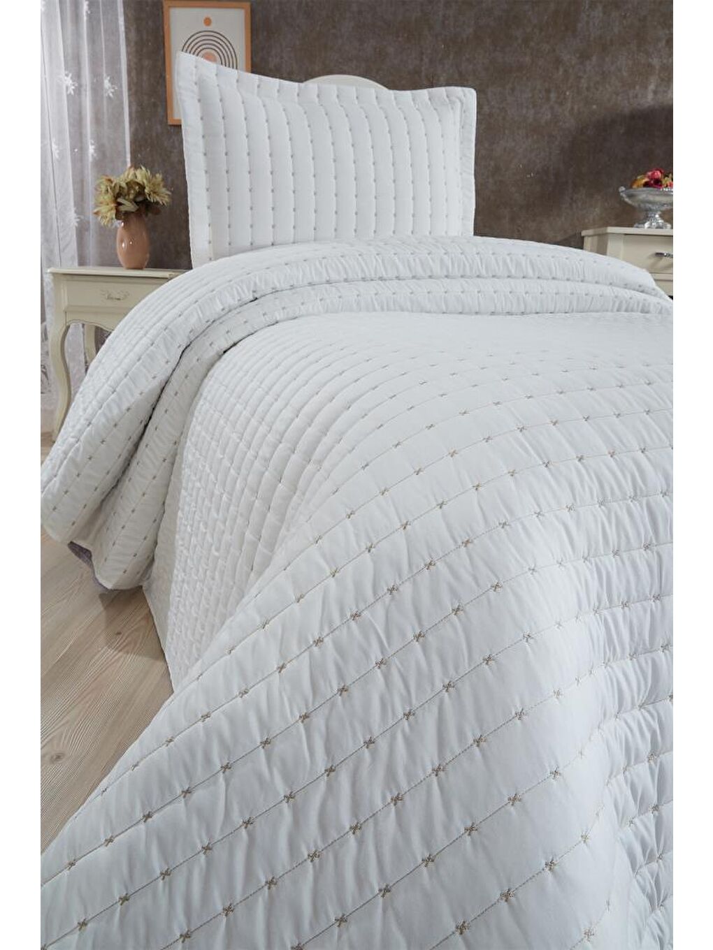 Ekru Dublin Tek Kişilik Kapitoneli Yatak Örtüsü Krem-5