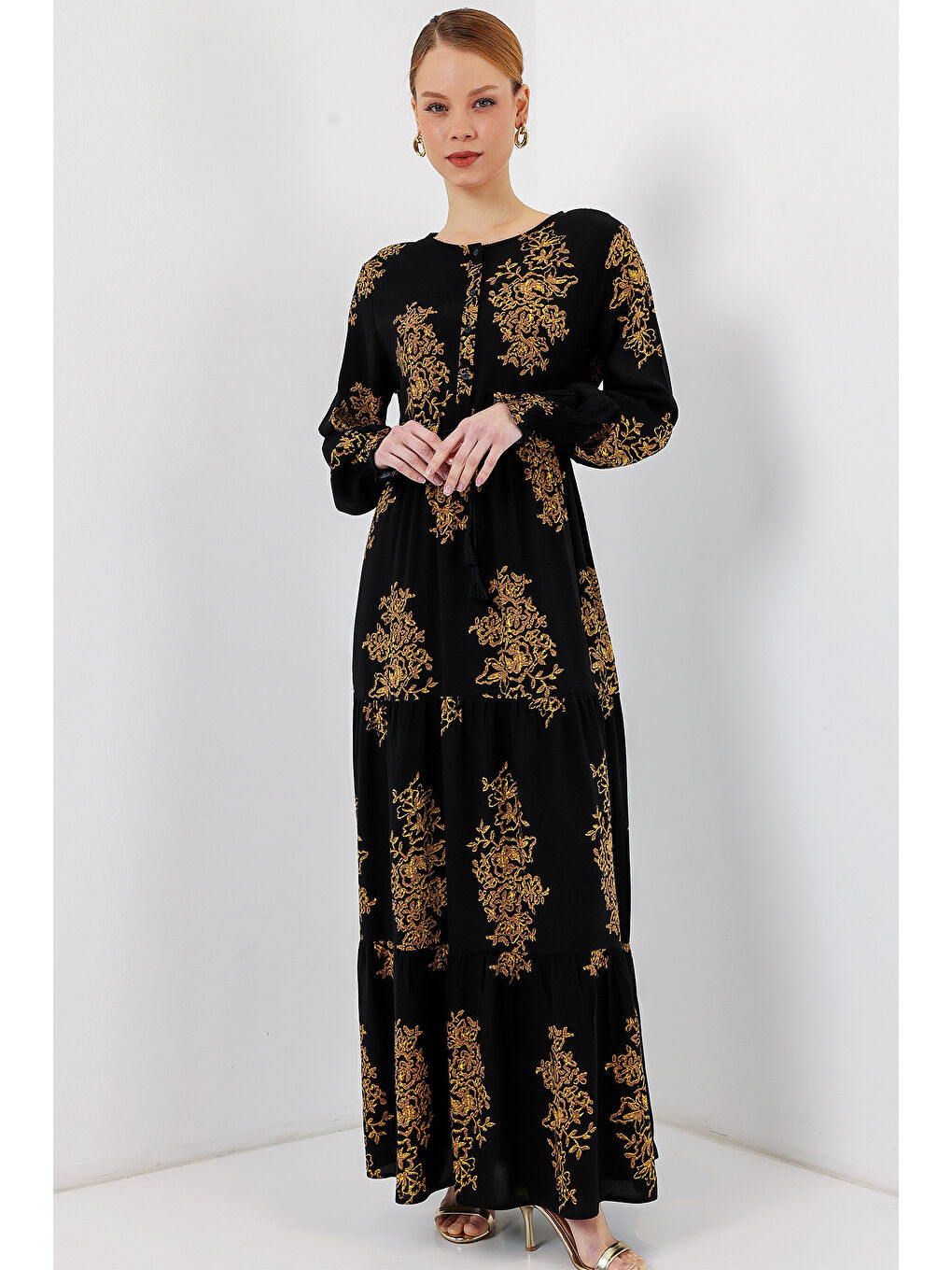 2145 Desenli Tesettür Elbise - C.Siyah-1