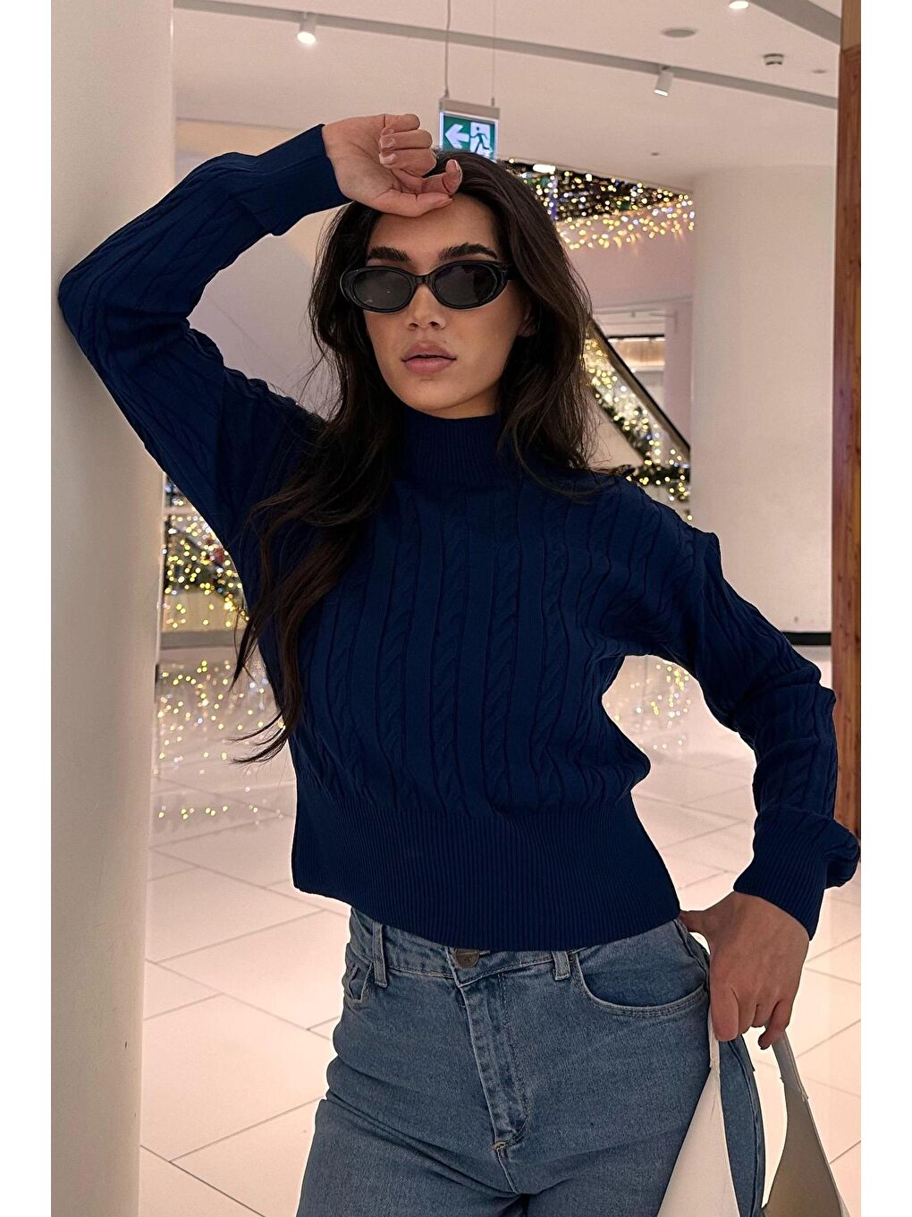 Lacivert Yarım Balıkçı Yaka Örgülü Triko Kadın Kazak Mg2257