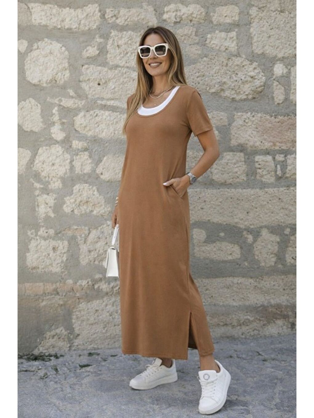Kahverengi Kadın Kısa Kollu Içi Atlet Görünümlü Yandan Yırtmaçlı Uzun Viskon Elbise-2
