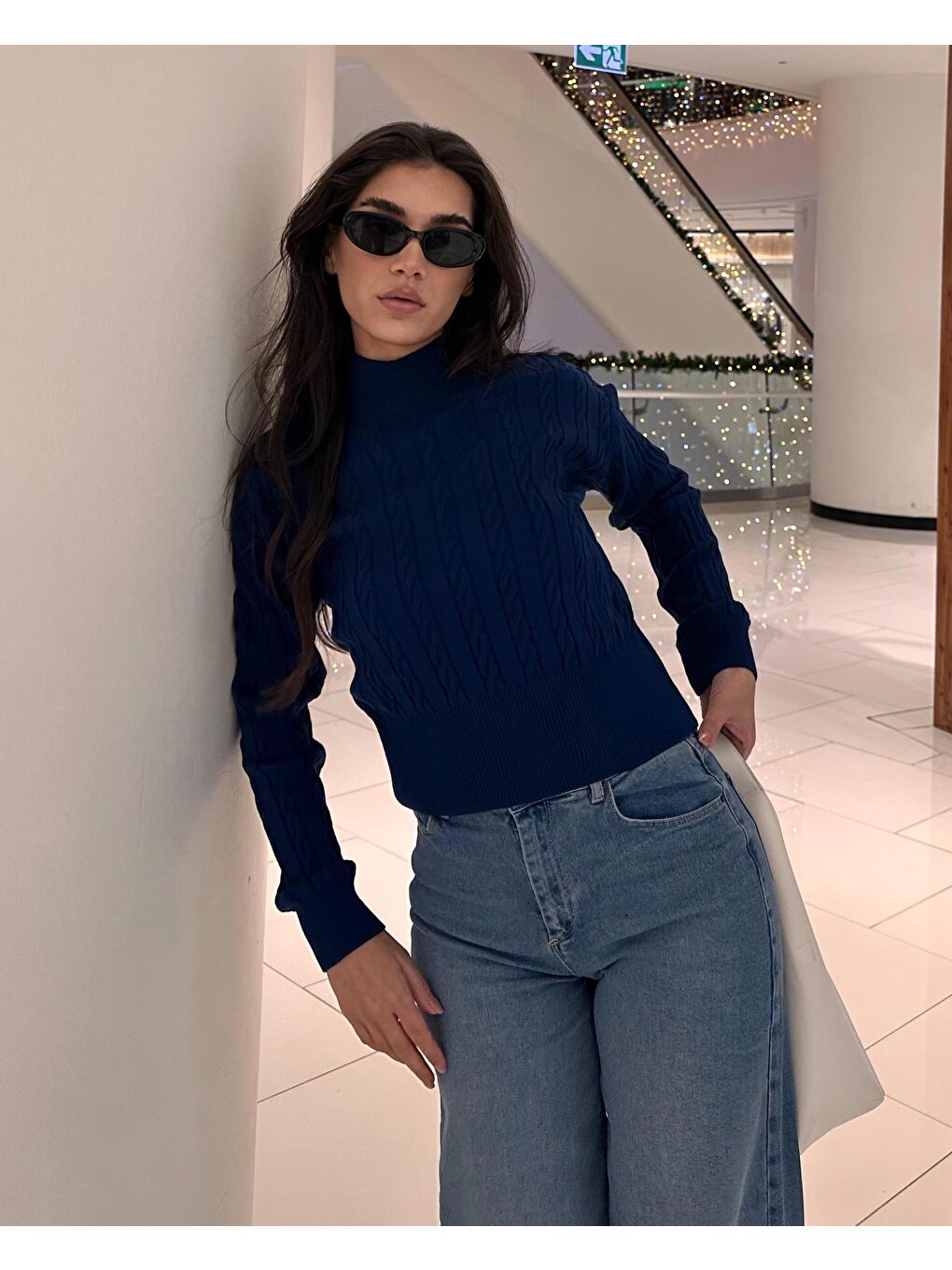 Lacivert Yarım Balıkçı Yaka Örgülü Triko Kadın Kazak Mg2257-2