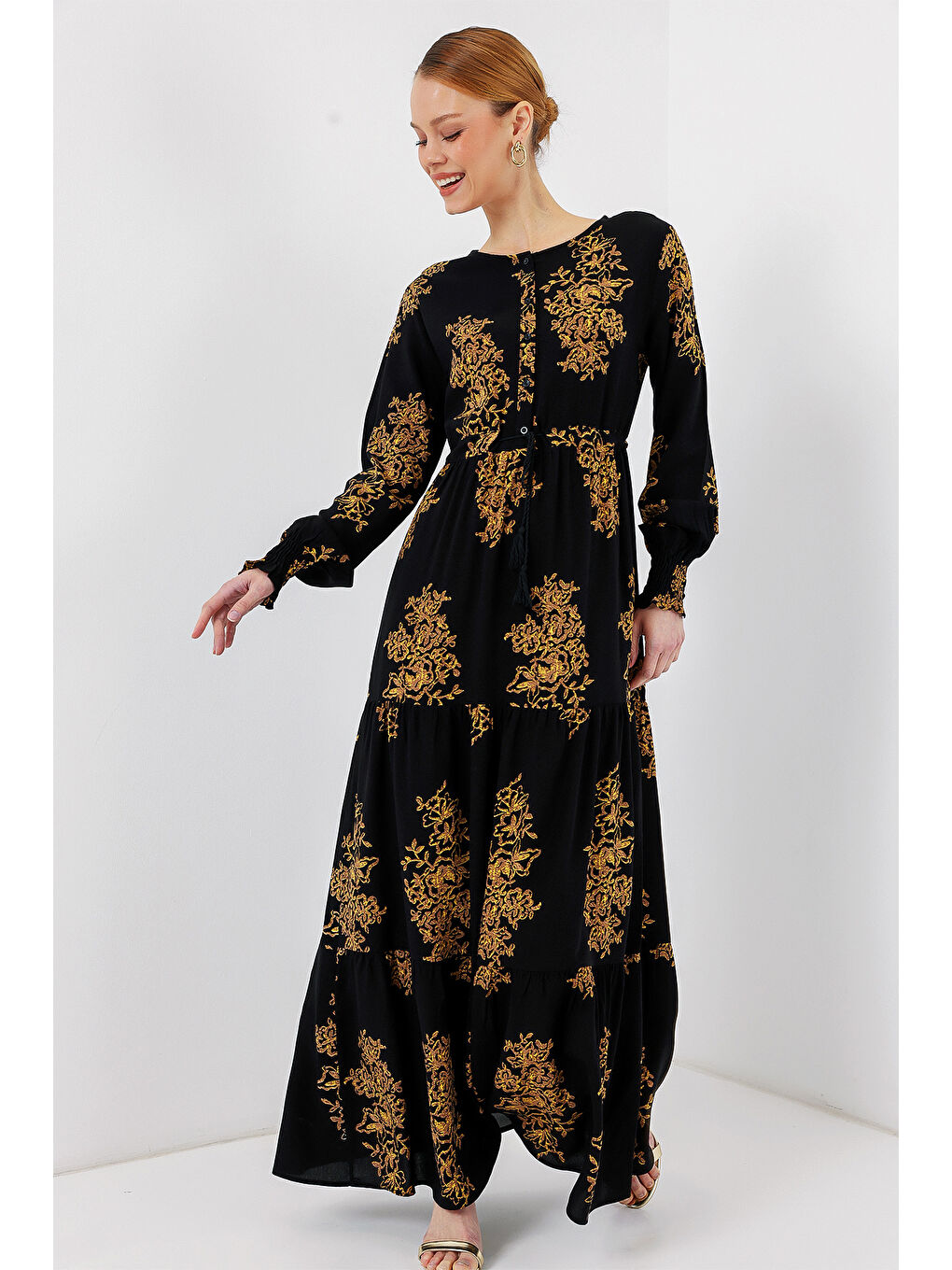 2145 Desenli Tesettür Elbise - C.Siyah-2