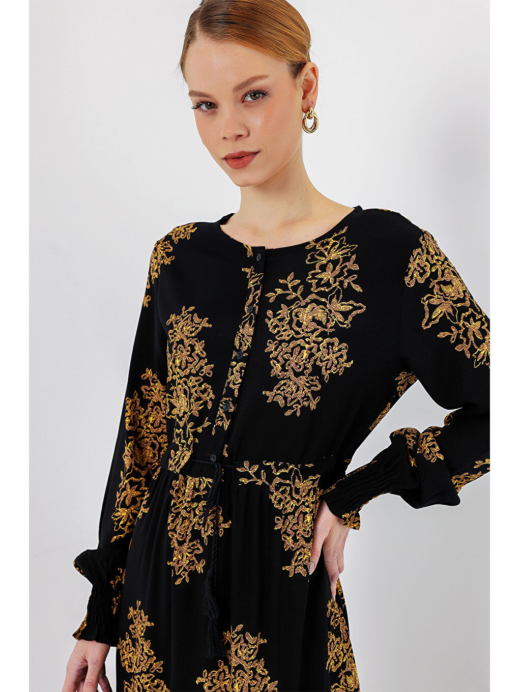 2145 Desenli Tesettür Elbise - C.Siyah-3