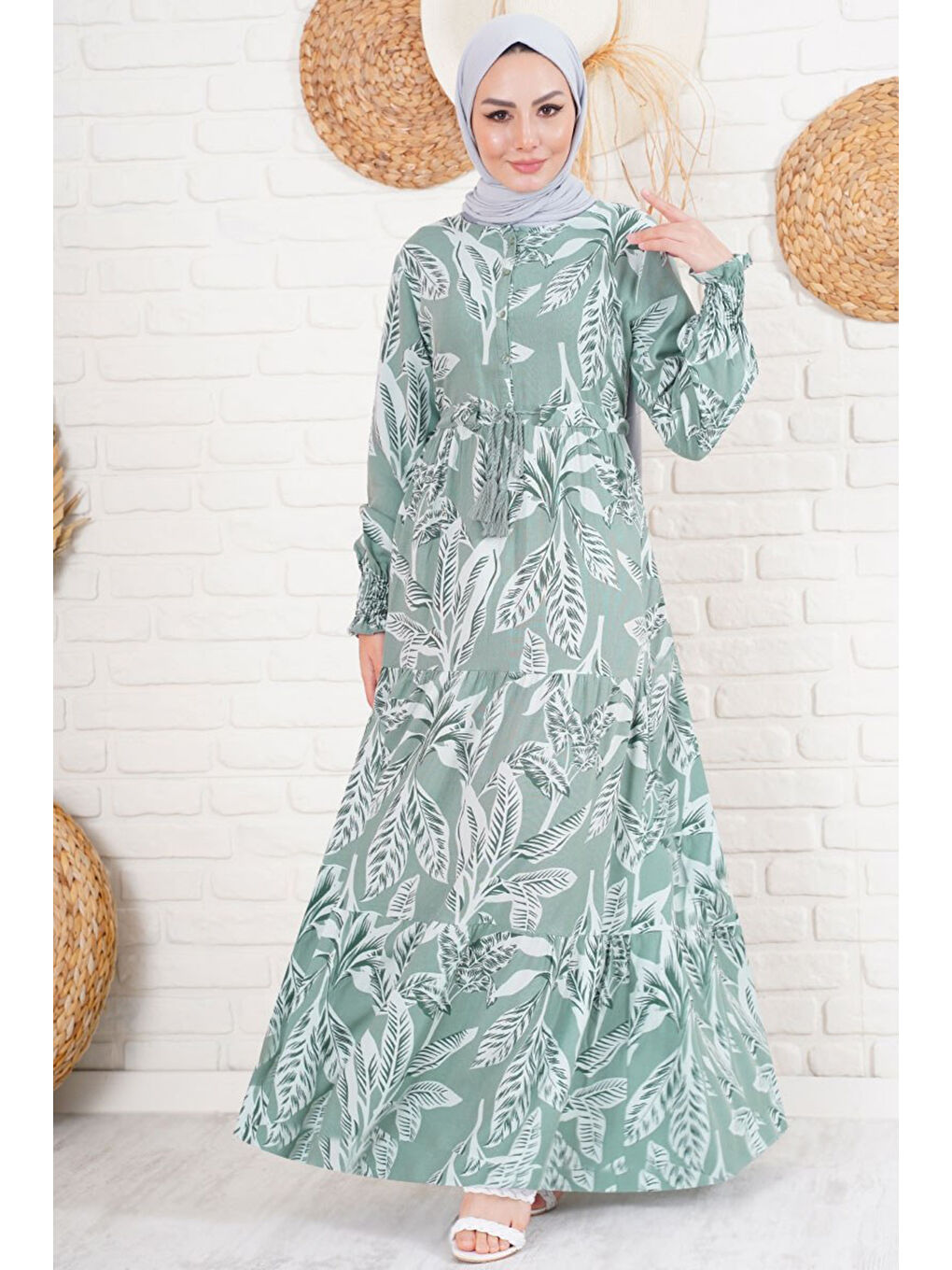 2145 Desenli Tesettür Elbise - Haki