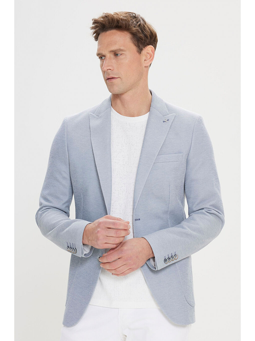 Erkek Mavi Pamuklu Slim Fit Dar Kesim Kırlangıç Yaka Torba Cepli Ceket-2