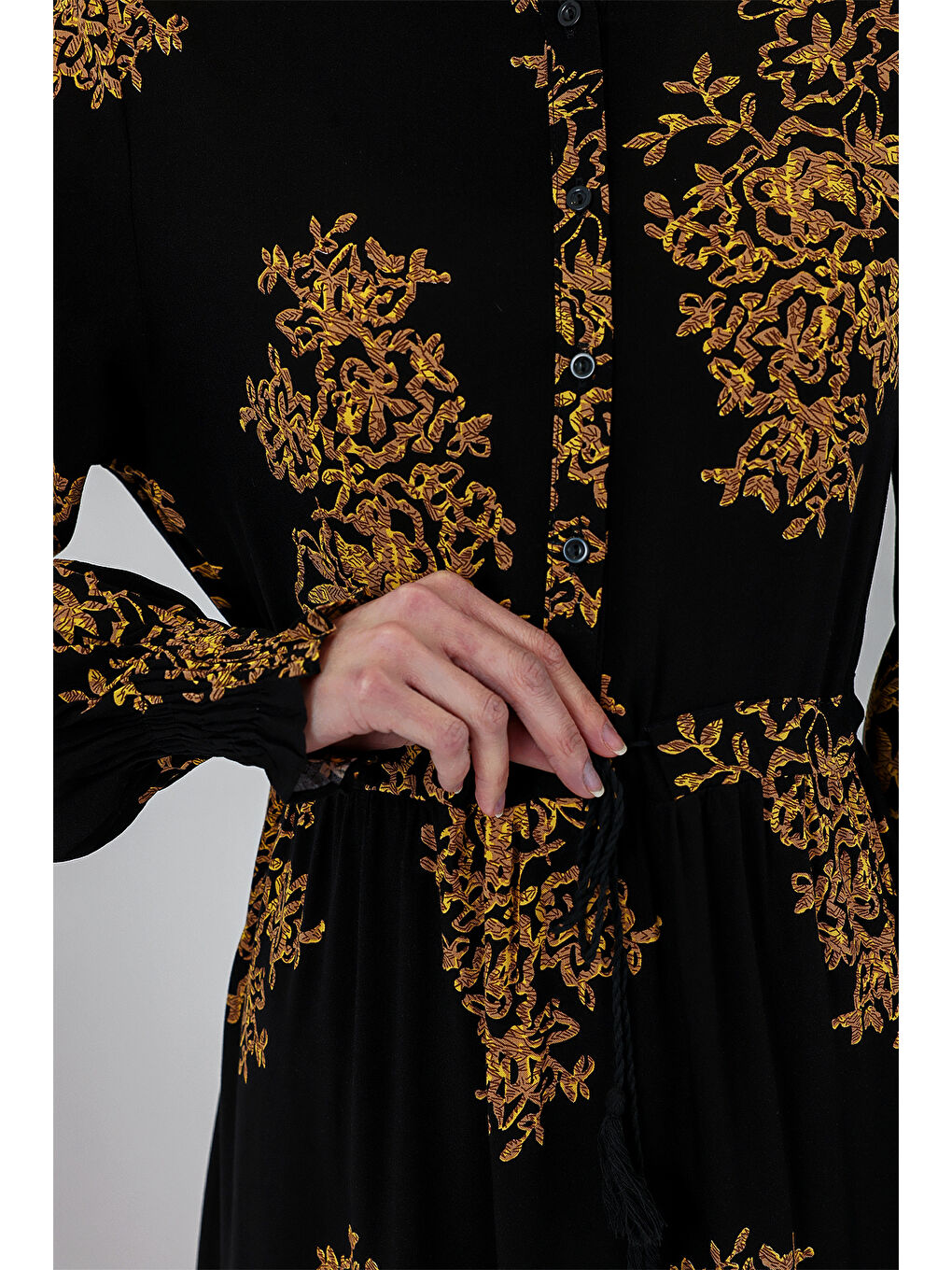 2145 Desenli Tesettür Elbise - C.Siyah-4