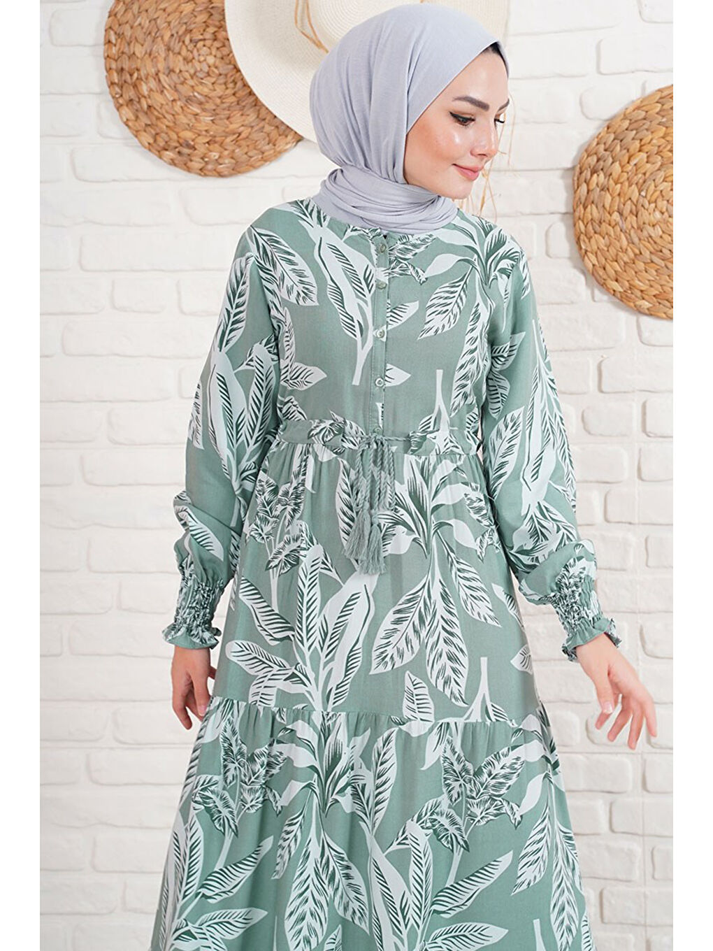 2145 Desenli Tesettür Elbise - Haki-1