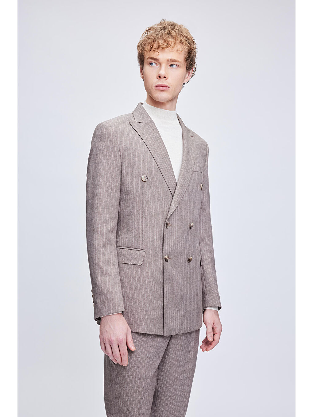 Kahverengi Slim Fit Çizgili Kruvaze Klasik Takım Elbise-1