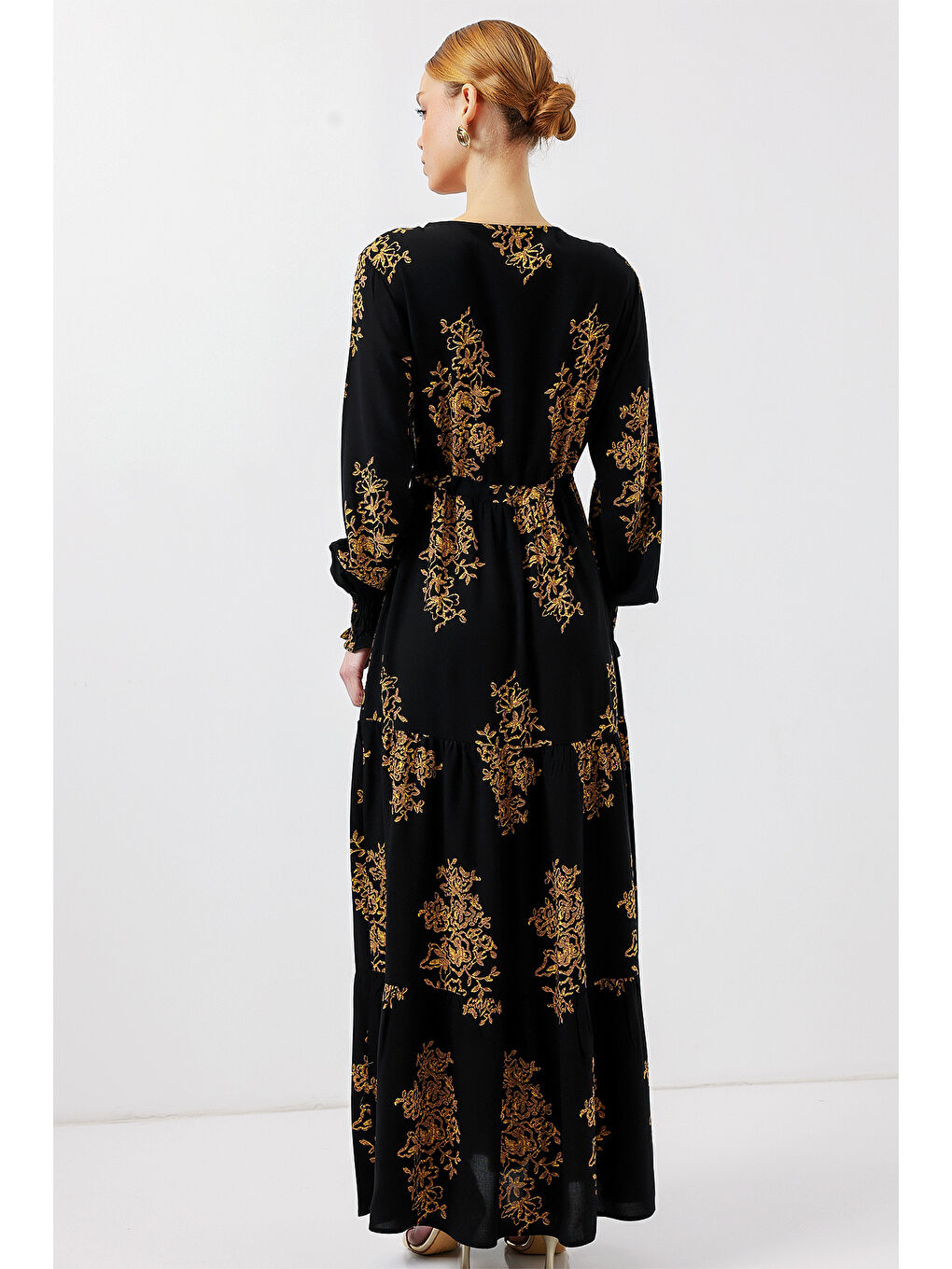 2145 Desenli Tesettür Elbise - C.Siyah-5