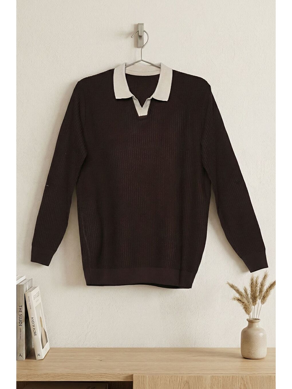 Kahverengi Erkek Kendinden Desenli Polo Yaka Triko Kazak-2