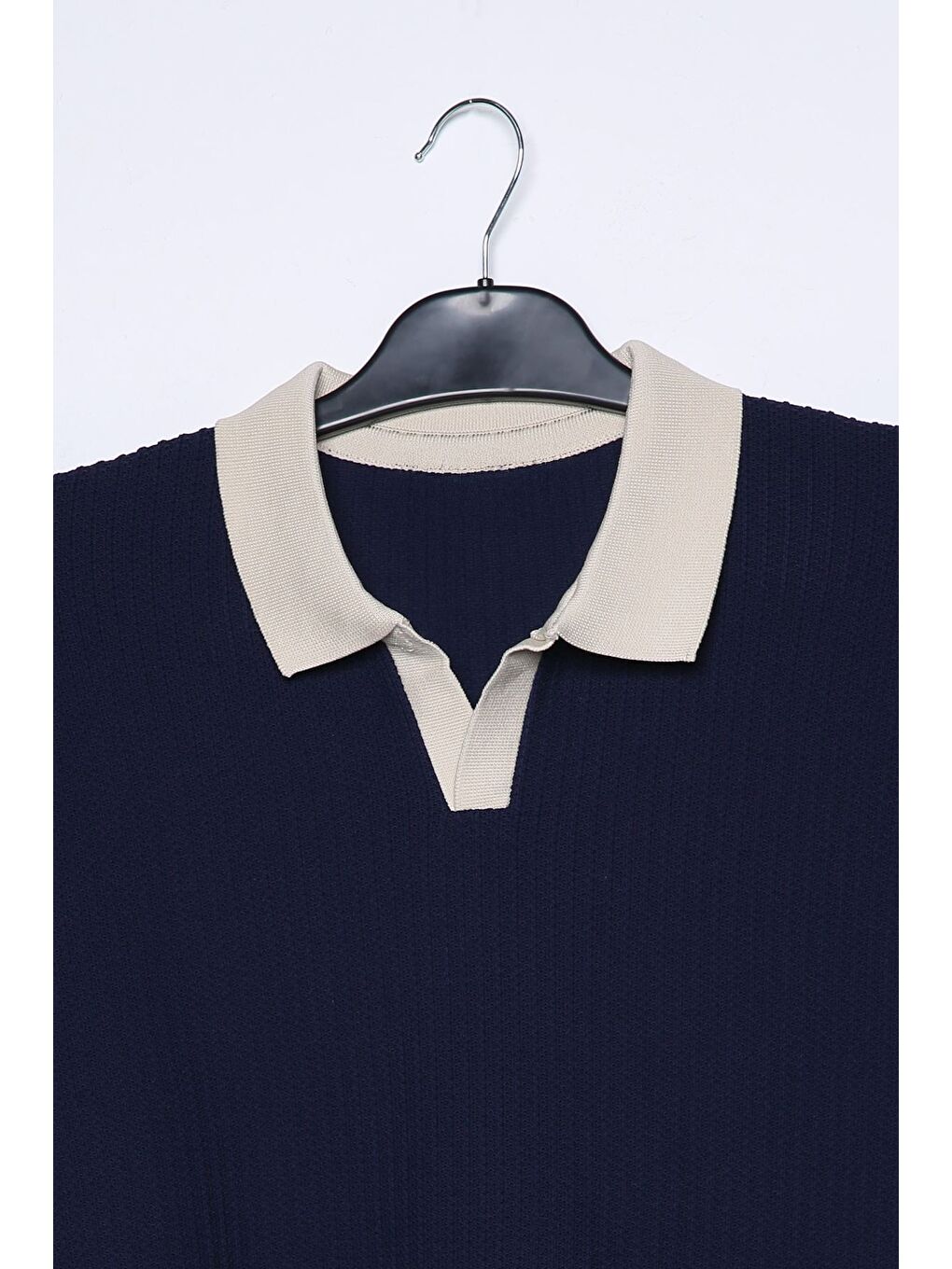 Lacivert Erkek Kendinden Desenli Polo Yaka Triko Kazak-3