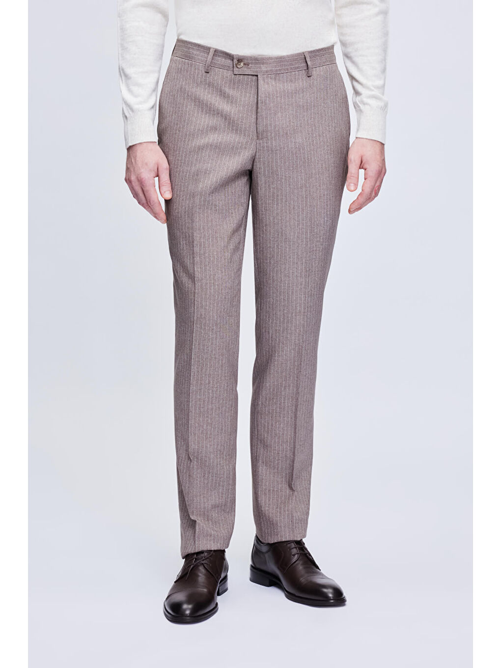 Kahverengi Slim Fit Çizgili Kruvaze Klasik Takım Elbise-2