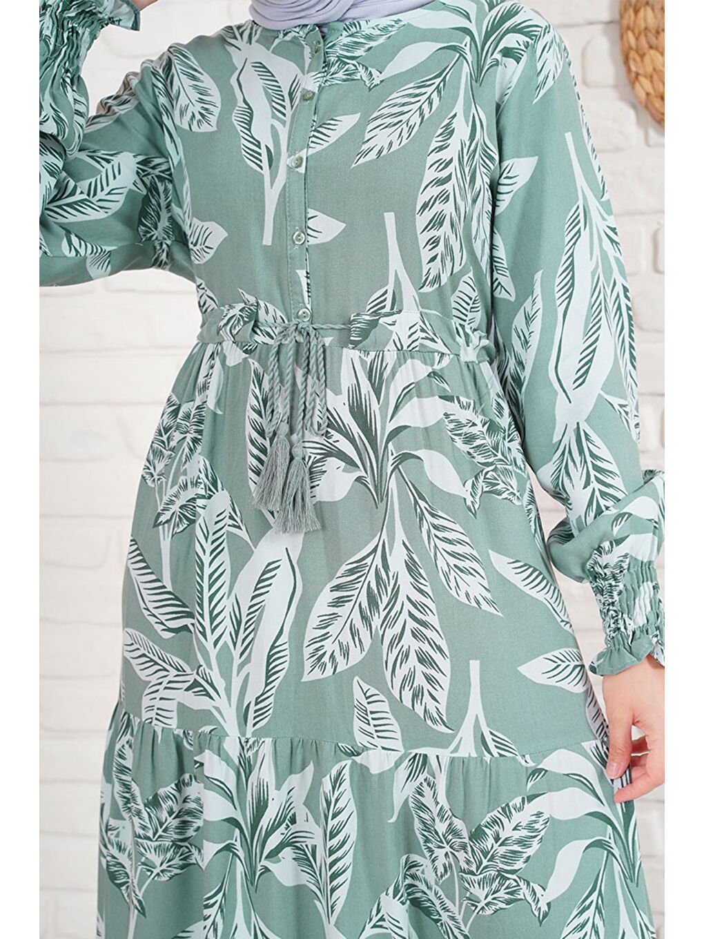 2145 Desenli Tesettür Elbise - Haki-2