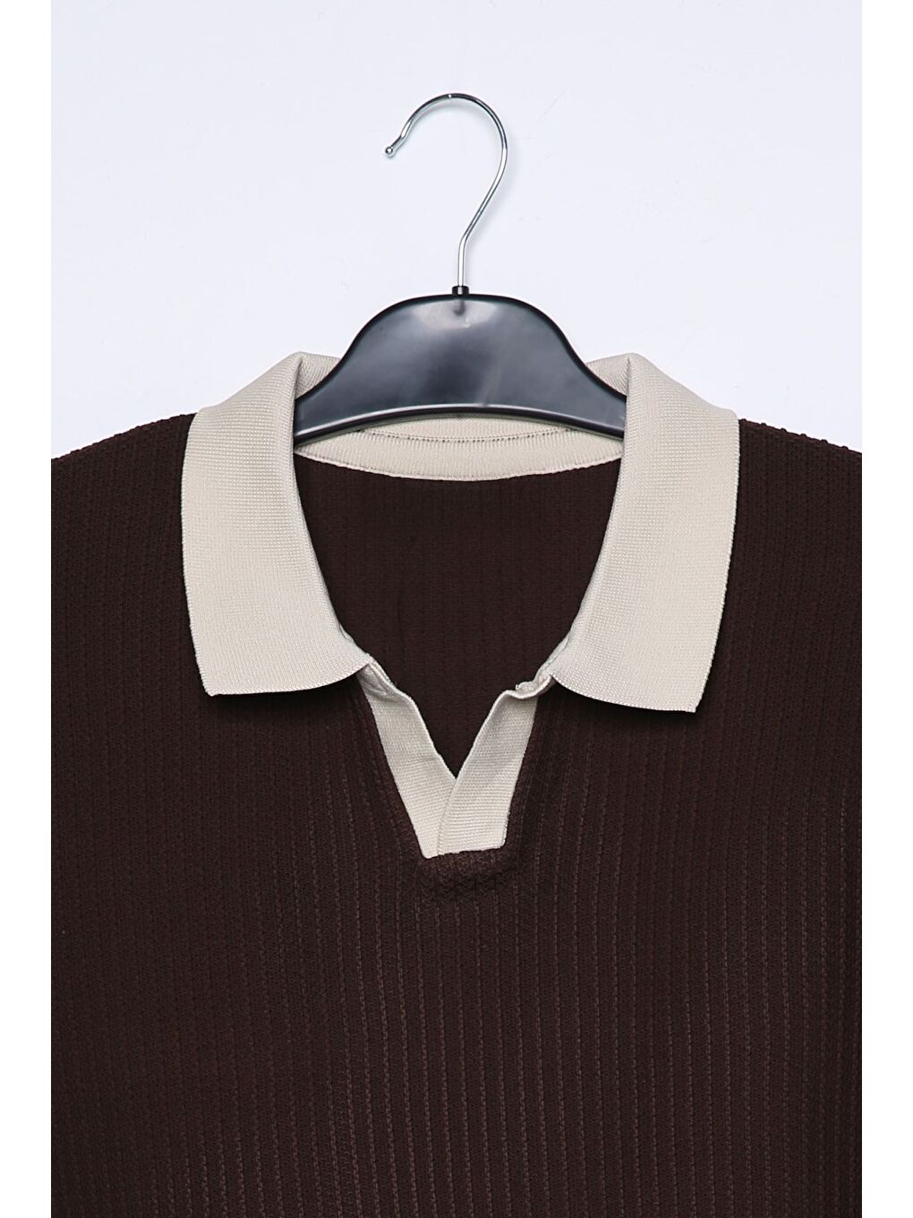 Kahverengi Erkek Kendinden Desenli Polo Yaka Triko Kazak-3