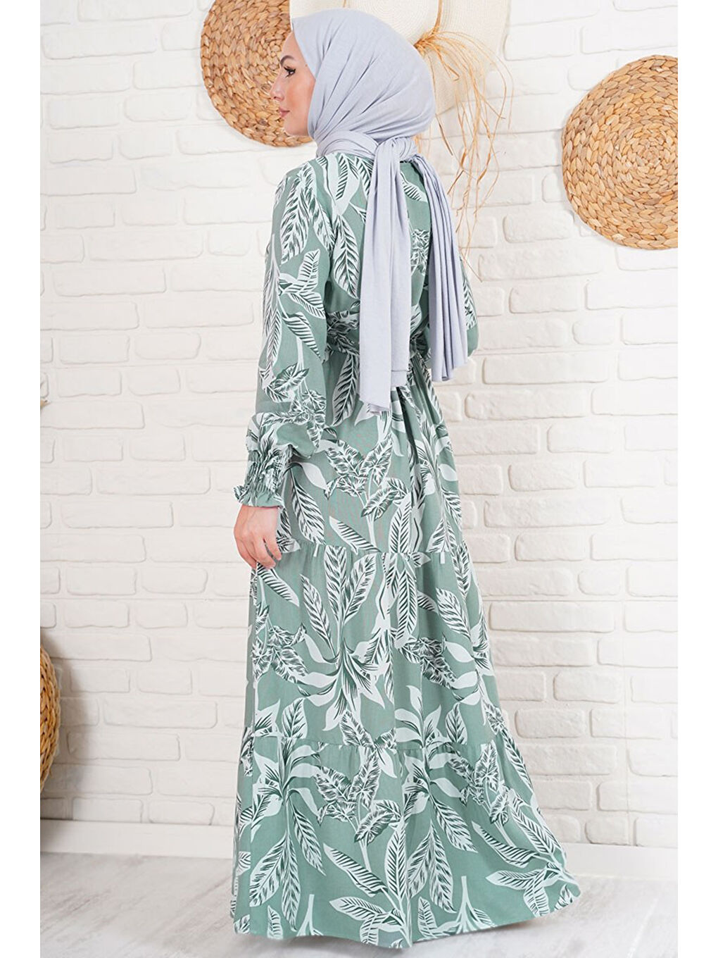 2145 Desenli Tesettür Elbise - Haki-3