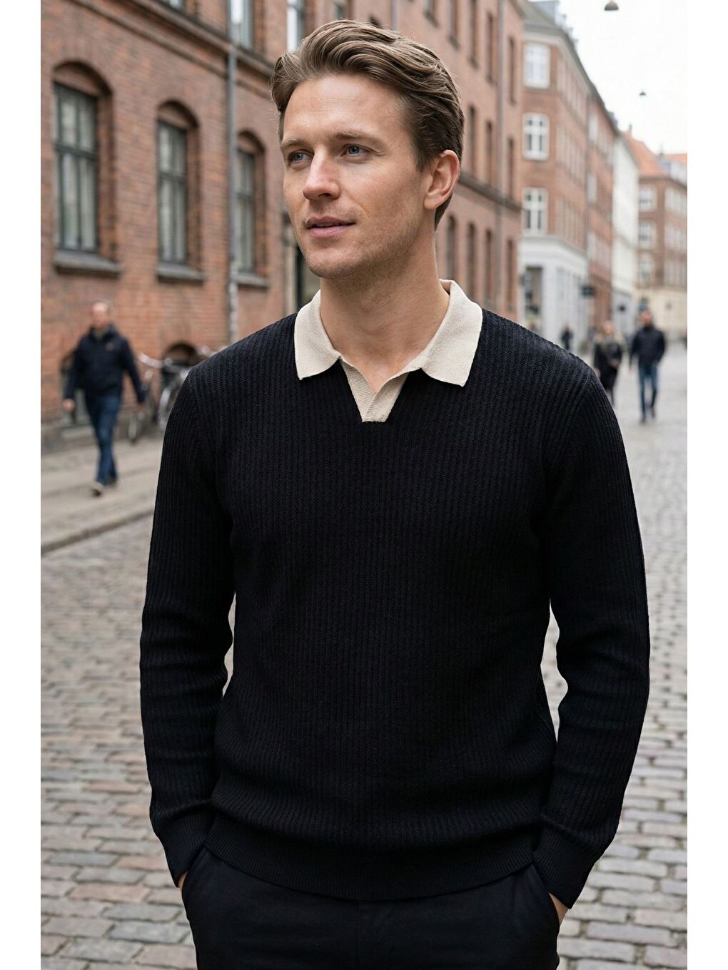 Siyah Erkek Kendinden Desenli Polo Yaka Triko Kazak