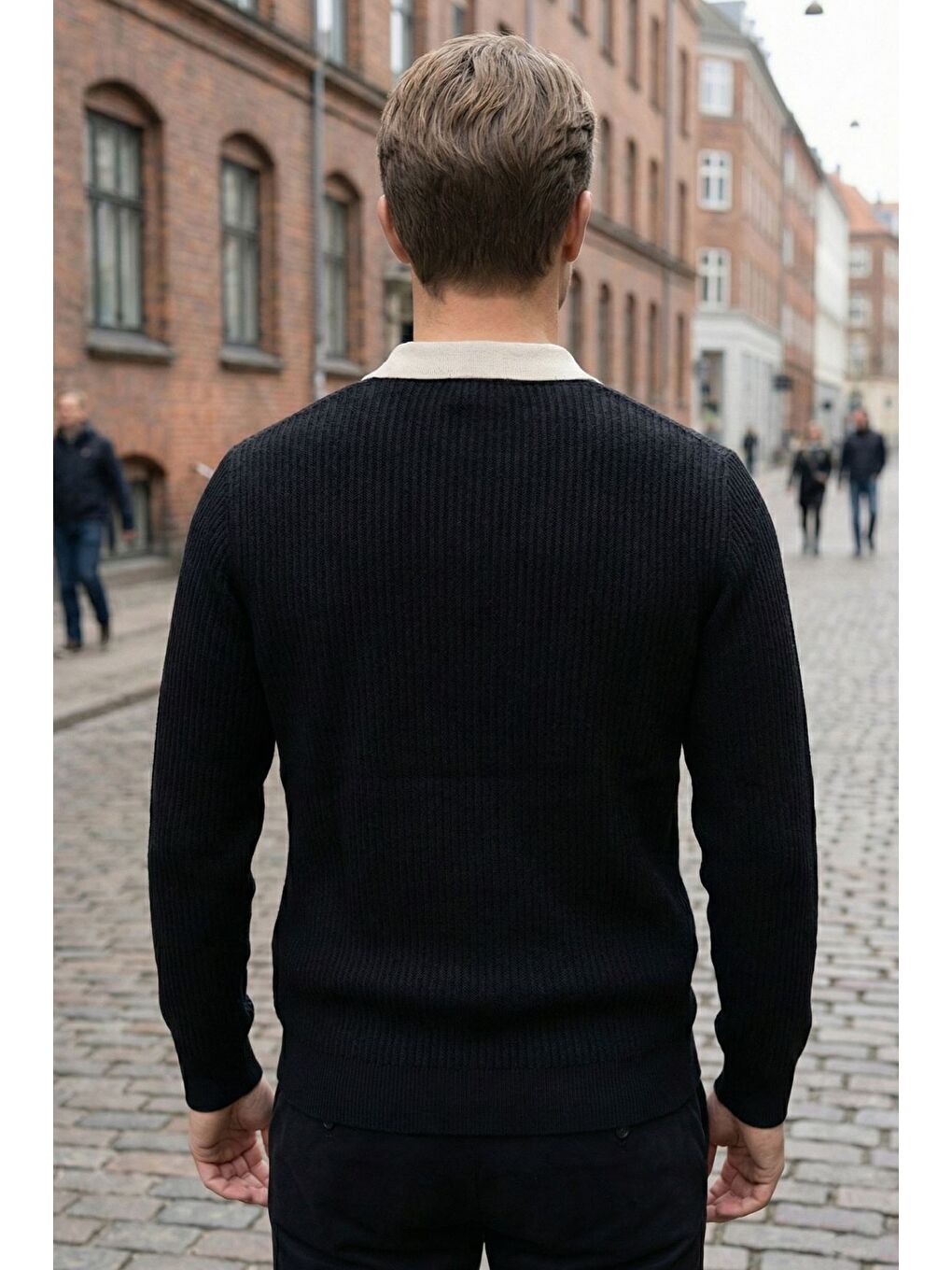 Siyah Erkek Kendinden Desenli Polo Yaka Triko Kazak-1