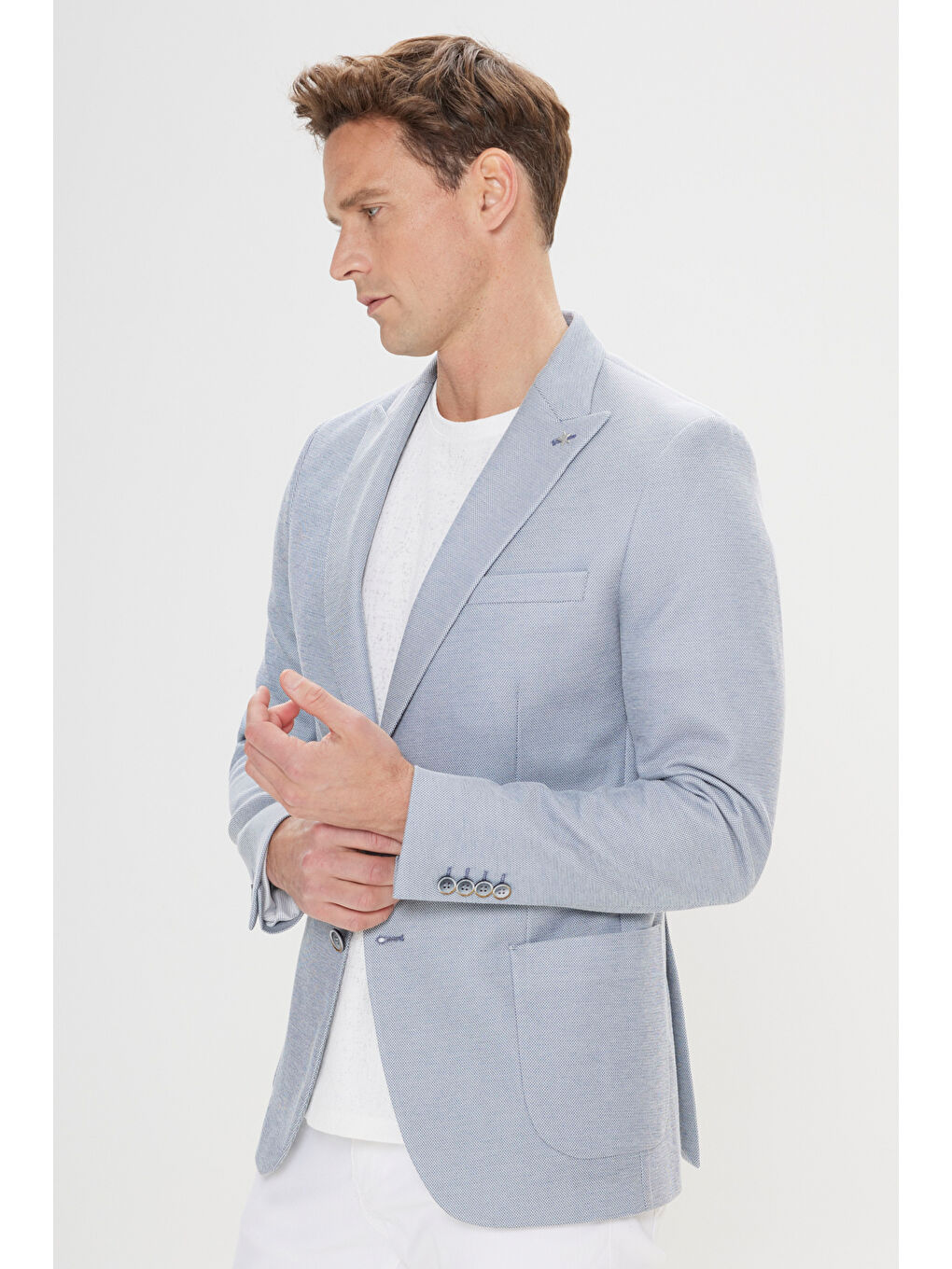 Erkek Mavi Pamuklu Slim Fit Dar Kesim Kırlangıç Yaka Torba Cepli Ceket-3