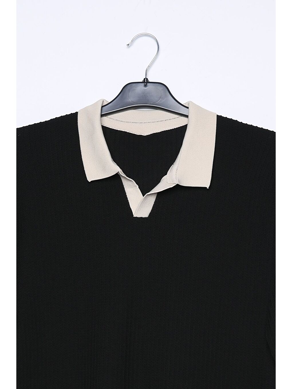 Siyah Erkek Kendinden Desenli Polo Yaka Triko Kazak-3