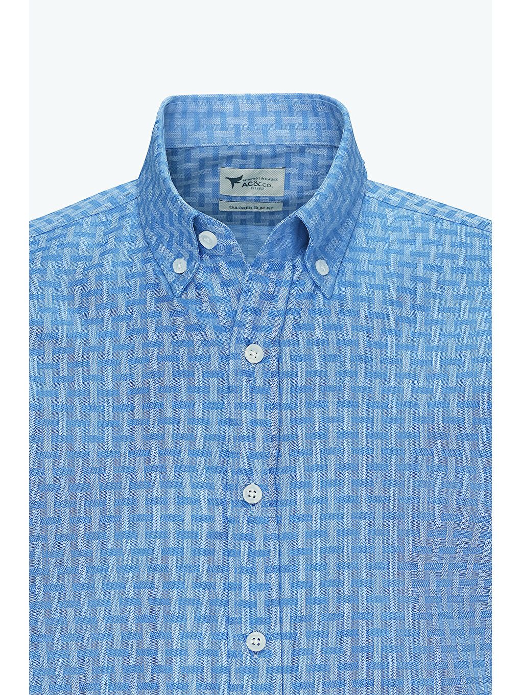 Erkek Mavi %100 Pamuk Slim Fit Dar Kesim Düğmeli Yaka Armürlü Gömlek-4