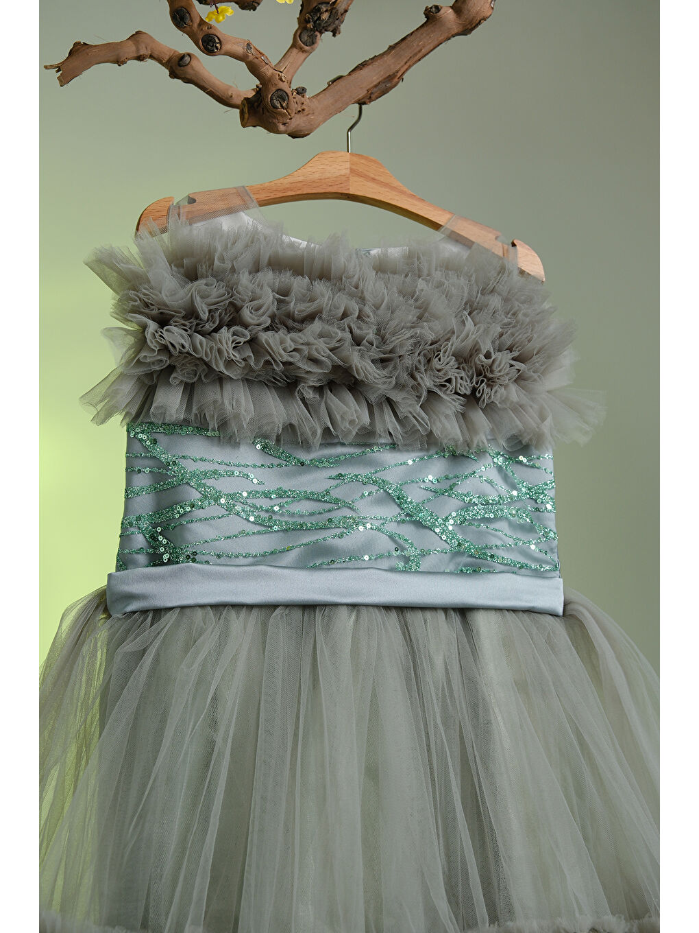 Mavi Beli Taş İşlemeli Göğsünde Tül Süslemeli Kız Çocuk Abiye ABY.2303-1